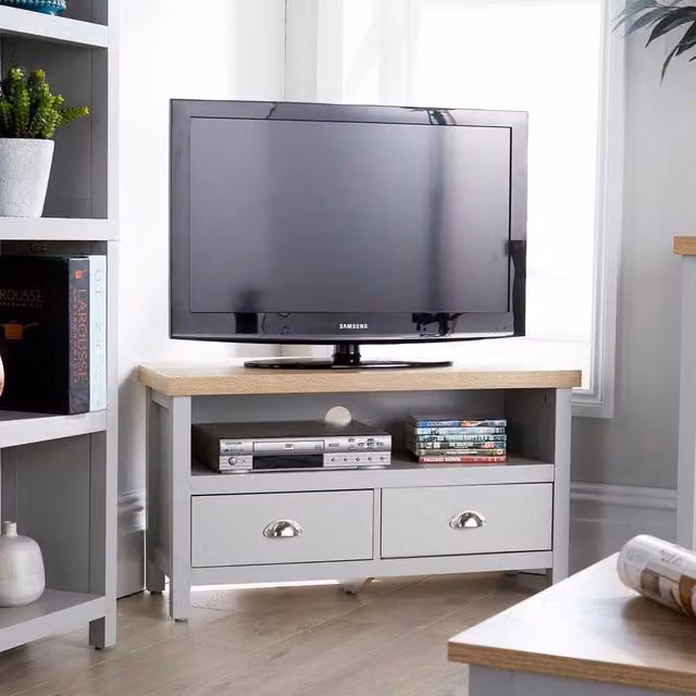 Home Source Oak Two Tone Corner TV Stand with One Drawer in Grey – 1