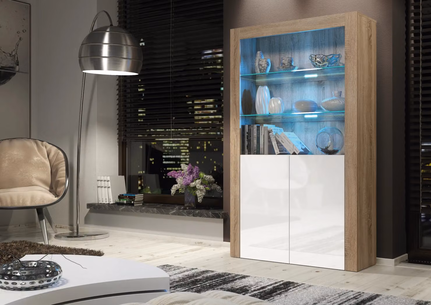 Creative Furniture Modern Oak Sideboard with White Glossy Doors and Integrated Lighting – 2