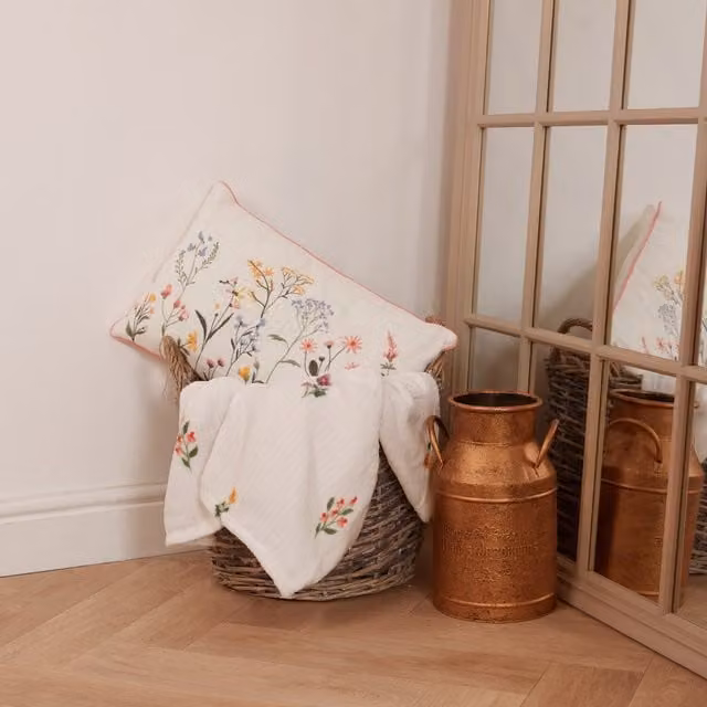Divante White Floral Plush Square Embroidered Cushion