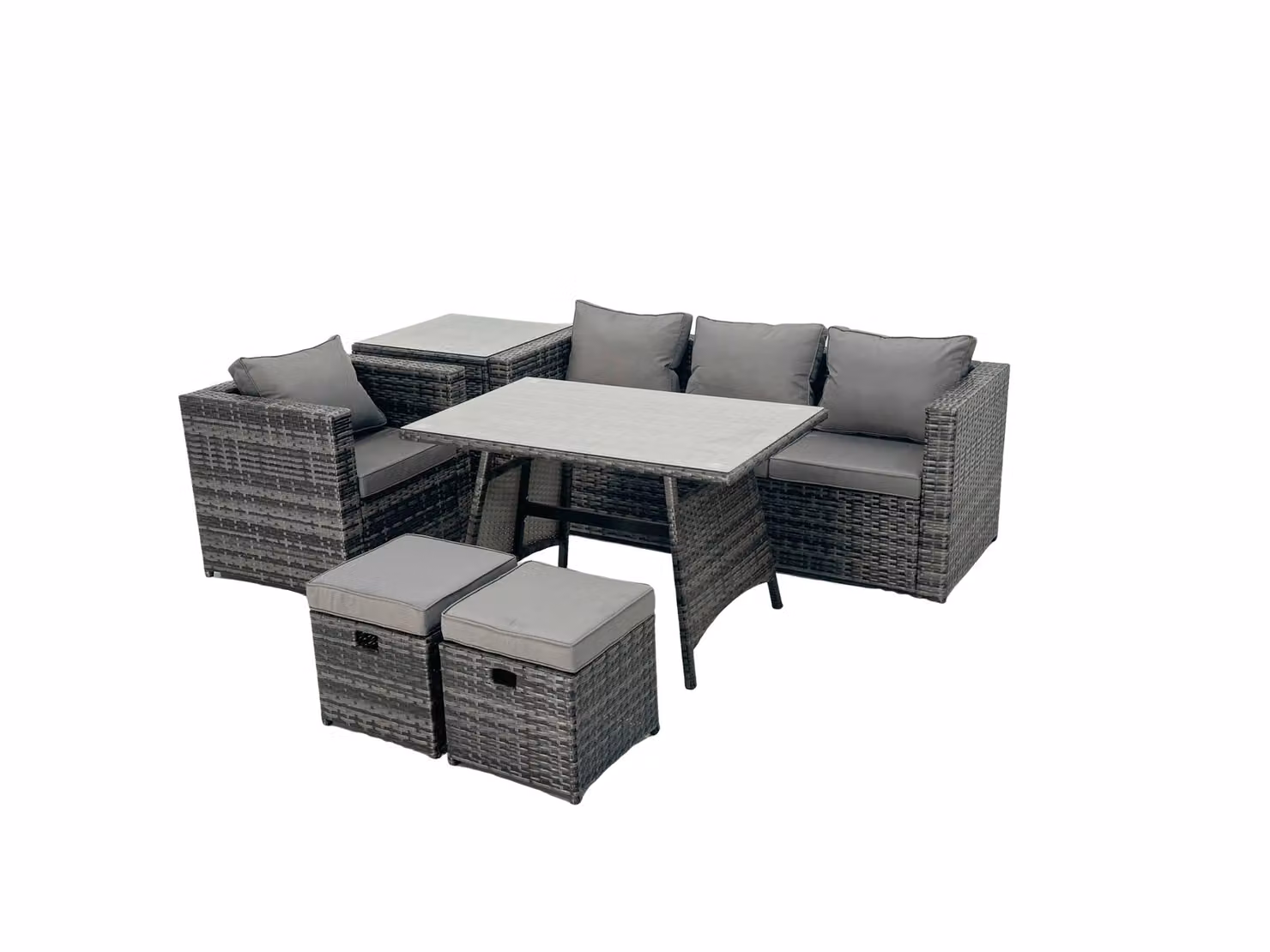 Fimous Rattan Dining Table, Sofa Set, Side Table and Small Footstool in Dark Grey – 2