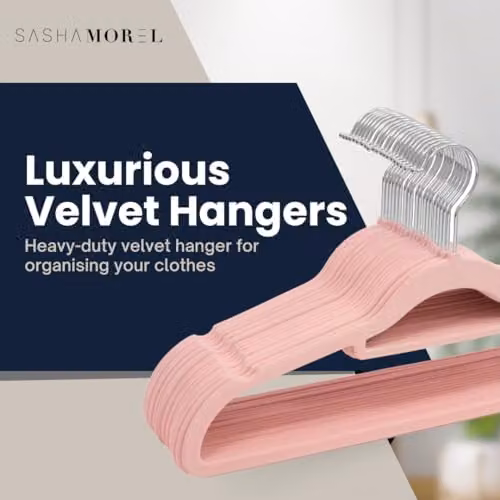 Sasha Morel 20 Pack Non-Slip Velvet Coat Hangers with Tie Organiser and Swivel Hooks, Pink – 4
