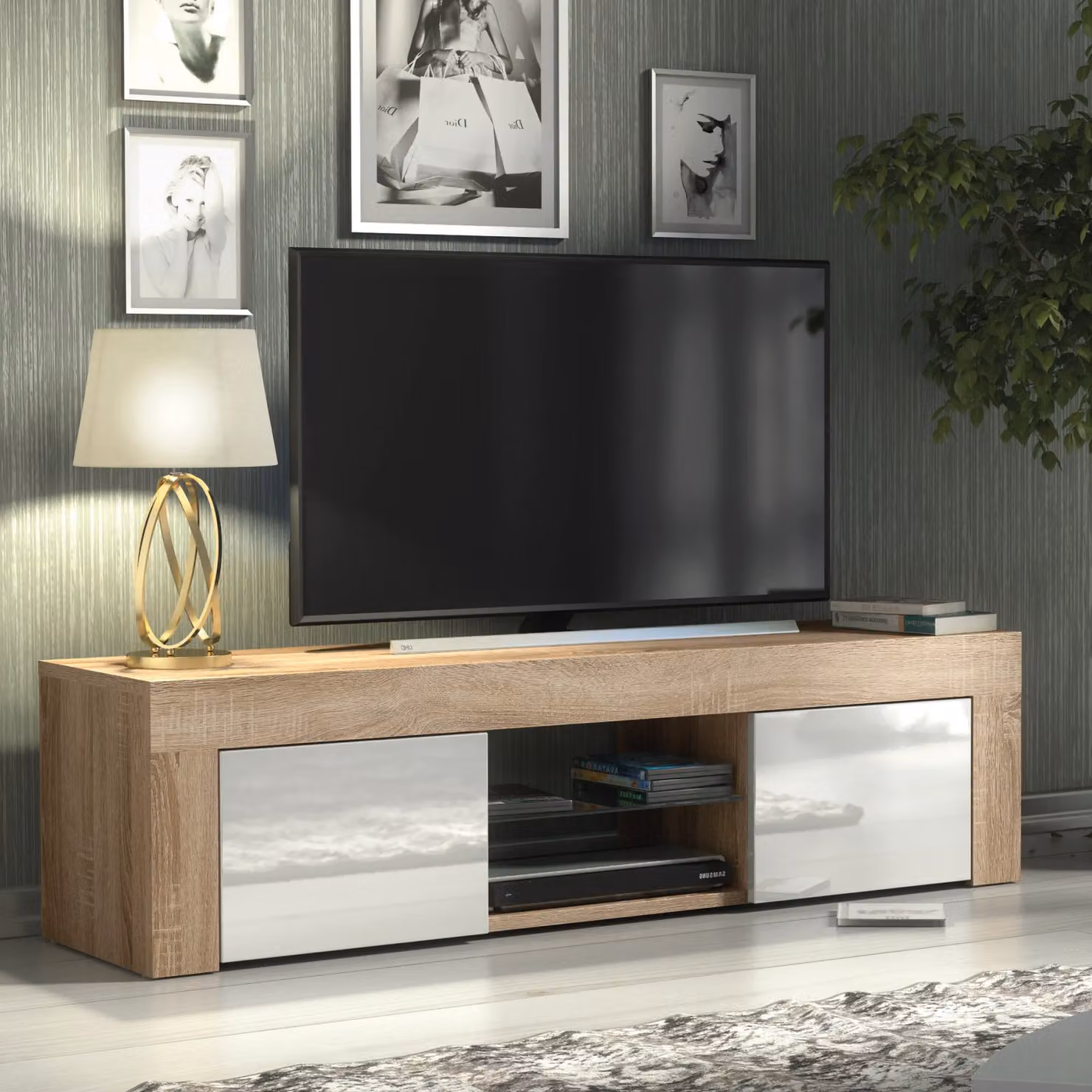 Creative Furniture Loom TV Unit in Oak with White Gloss Doors and LED Lights, W: 130 cm, D: 35 cm, H: 35 cm – 4
