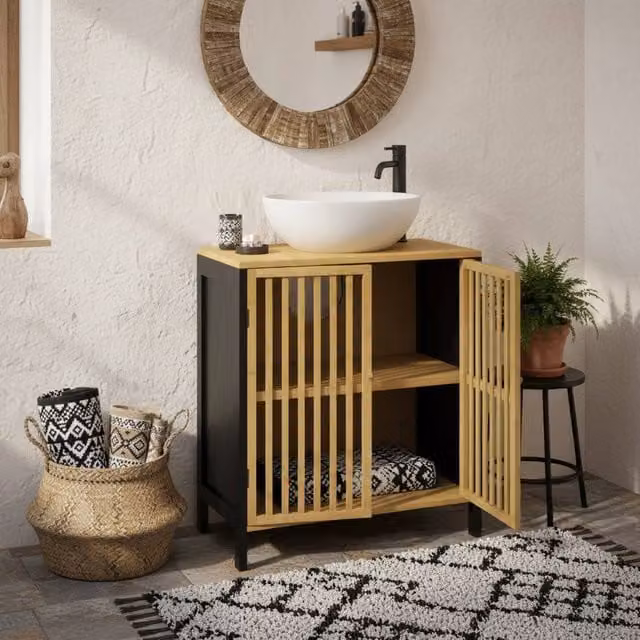 Wyld Haus Rotove Bamboo Style Under Sink Bathroom Cabinet in Black with Internal Shelves and Hinged Doors – 1