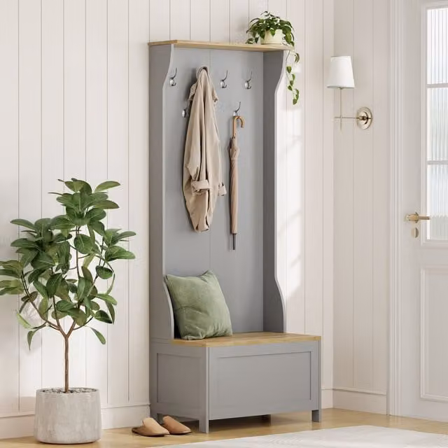 VonHaus Hallway Unit with Coat Stand and Shoe Storage Bench in Matt Grey, H: 181.0 cm x W: 71.0 cm x D: 43.3 cm – 1