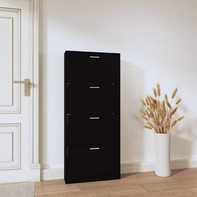Berkfield Home Modern Black Shoe Cabinet with Tilting Compartments and Internal Drawers, W/D/H: 59 x 17 x 150 cm