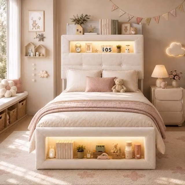 Merax Single Velvet Upholstered Bed Frame in Beige with LED Under-Bed Lighting and Side Compartments, W/D/H: 90 x 190 x 124 cm