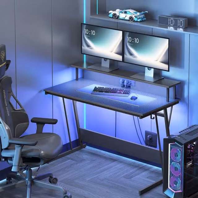 VASAGLE Black Modern Gaming Desk with LED Lights and Outlets
