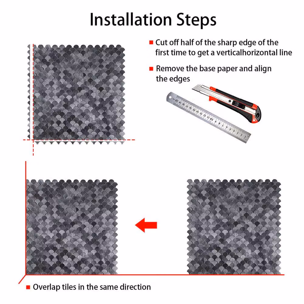 ENER-J Reflective Scallop Peel & Stick Aluminium Wall Tiles, Grey, W: 29.5 cm x H: 30.0 cm (Pack of 4) – 8
