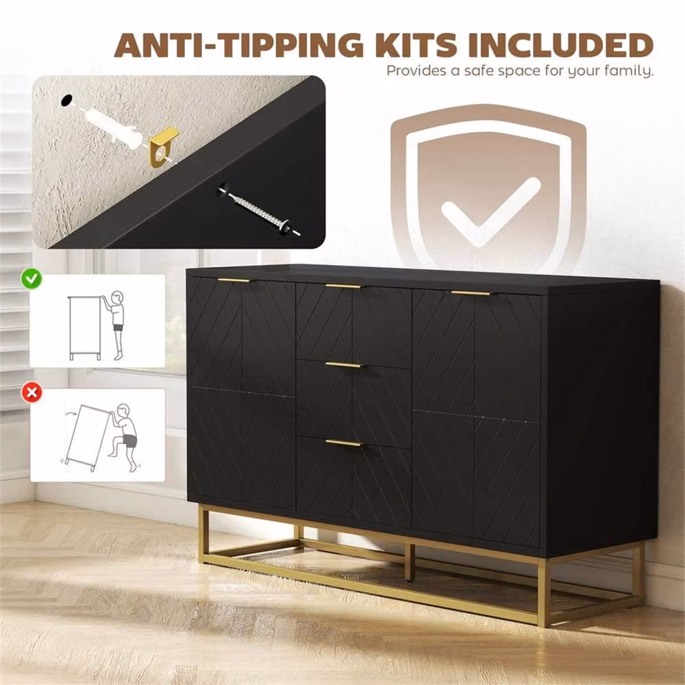 Nordara Modern Black and Gold Sideboard Storage Cabinet with Adjustable Shelves, W: 220 cm, H: 90 cm – 4