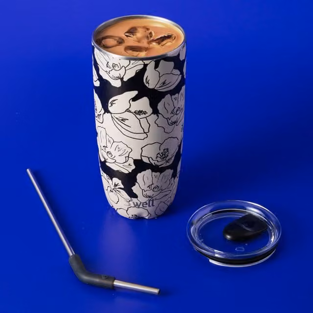 S'well Charcoal Bloom Floral Tumbler with Lid and Straw, Black and White, 700ml