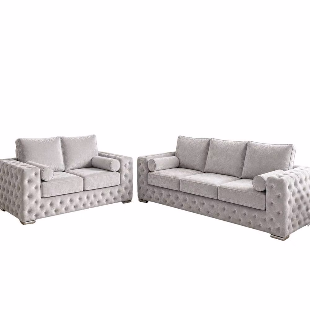 Stratus Interiors Ashley Full Back Chesterfield Upholstered Fabric 2 and 3 Seater Sofa Set in Silver – 2