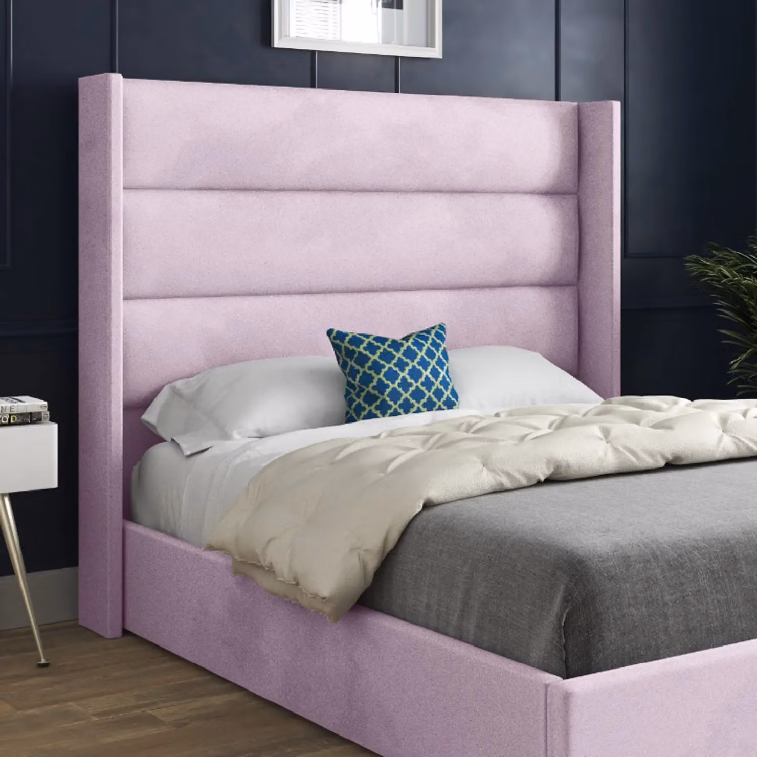 KDMD Nuno Straight Winged Upholstered Velvet Bed Frame in Pink, W/D/H: 180 x 200 x 137 cm – 2