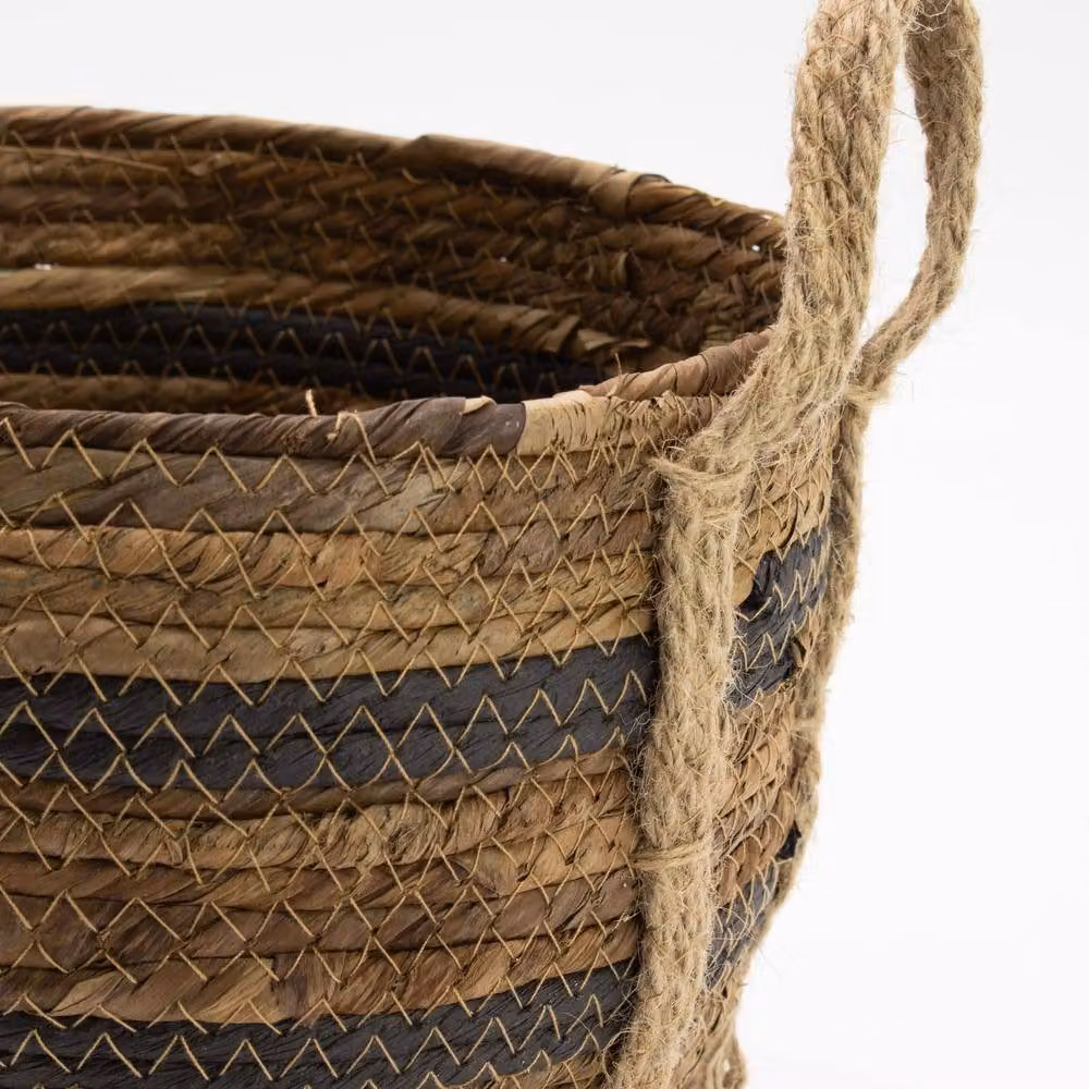 Serenityy Set of 3 Round Woven Seagrass and Rattan Baskets with Handles in Brown Striped Design – 4