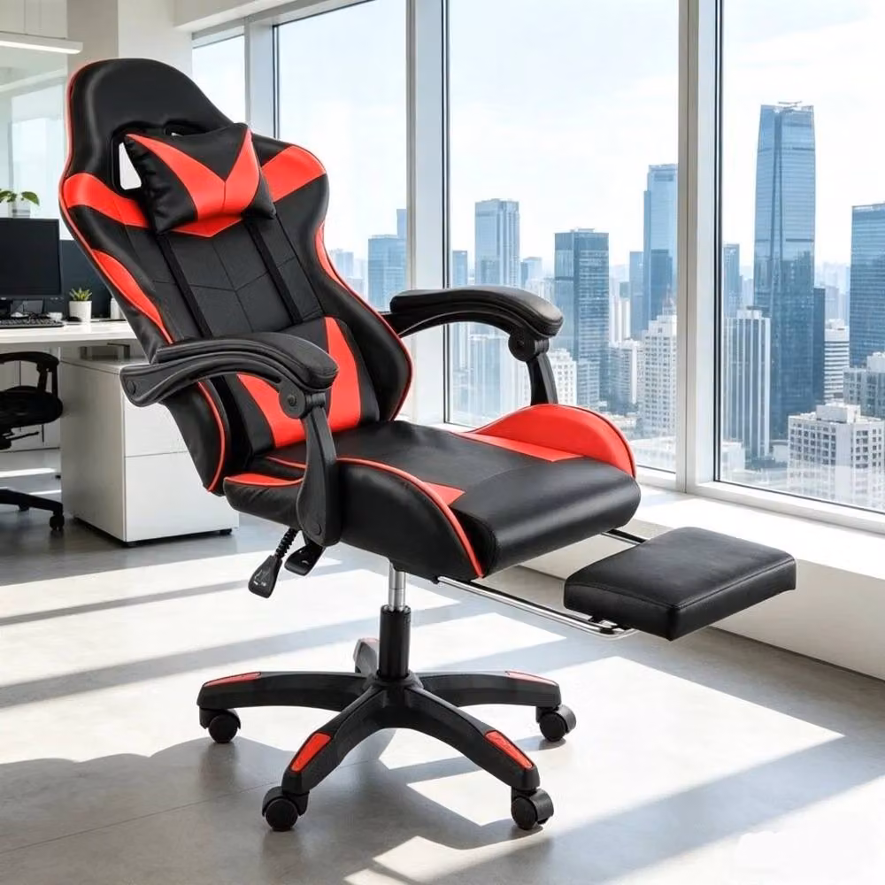EONLION Ergonomic Racing Gaming Chair in Black Synthetic Leather with Headrest and Armrests – 3