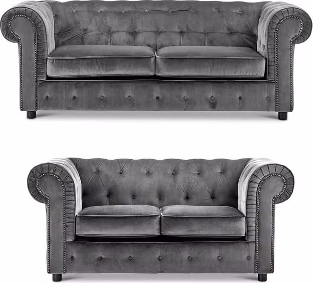Furnishings For Less UK Ashbourne Chesterfield Velvet Fabric Sofa Suite in Grey, including 3 Seater and 2 Seater Sofas – 1