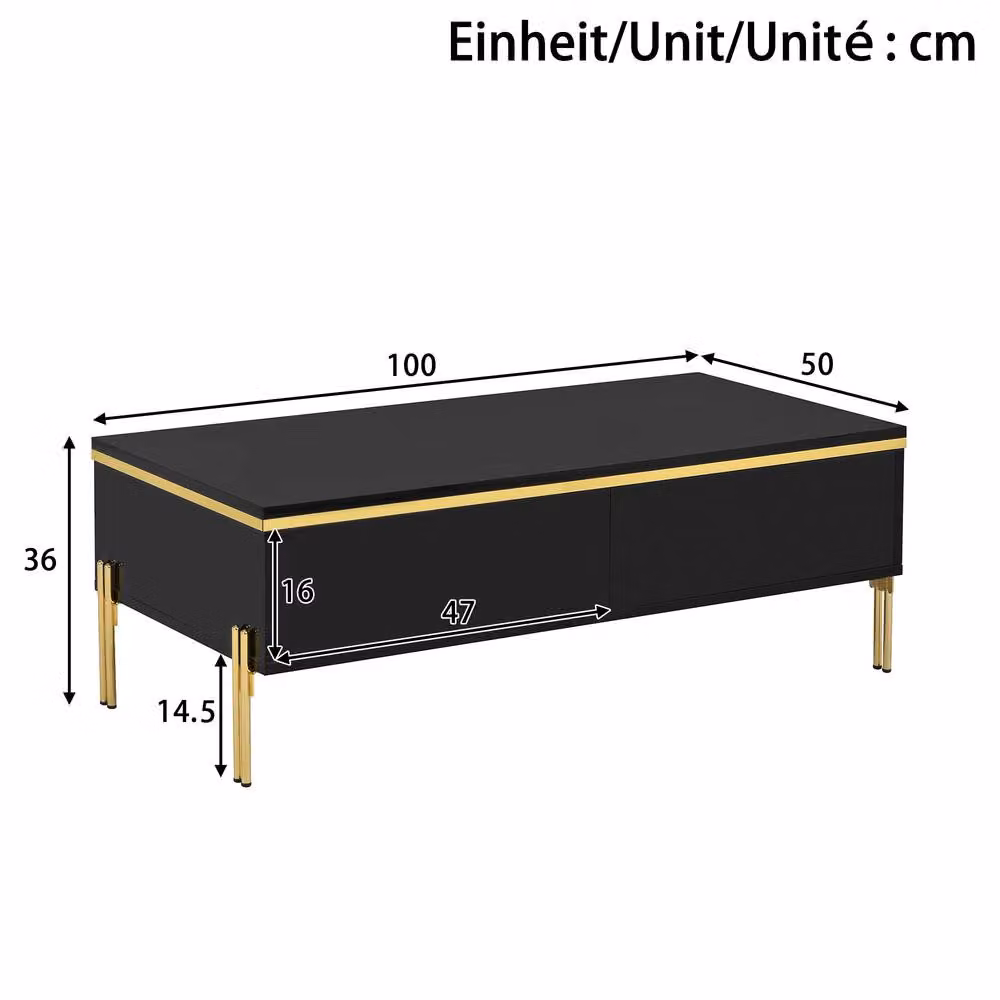 Merax High Gloss Rectangular Coffee Table with Gold Legs and Dual Drawers in Black – 2
