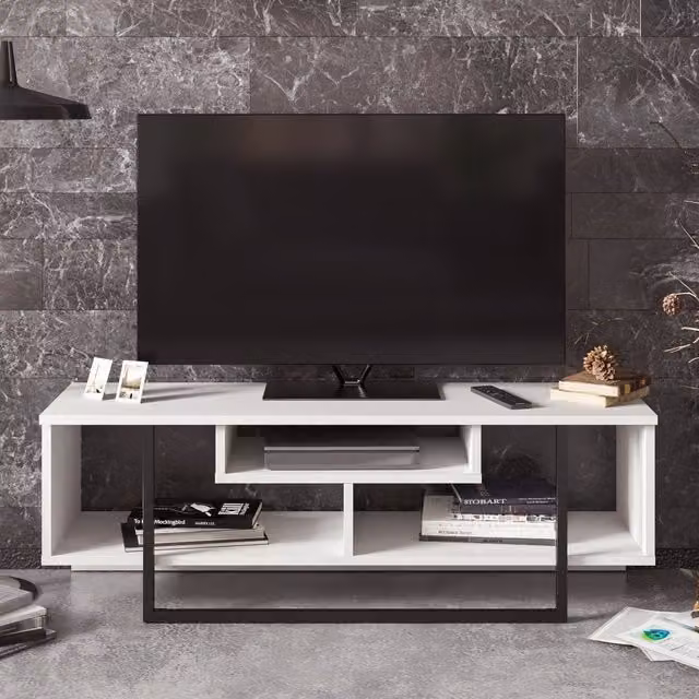 Decorotika Asal Minimalist TV Unit in White, Black and Bronze, Width: 120 cm