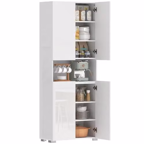 HOMCOM Modern Glossy White Kitchen Pantry Cupboard with Soft Close Hinged Doors, H 180 x W 42 x D 34 cm