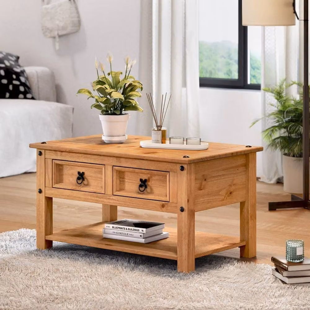 Havendro Solid Pine Coffee Table with 2 Drawers and Shelf in Beige – 3