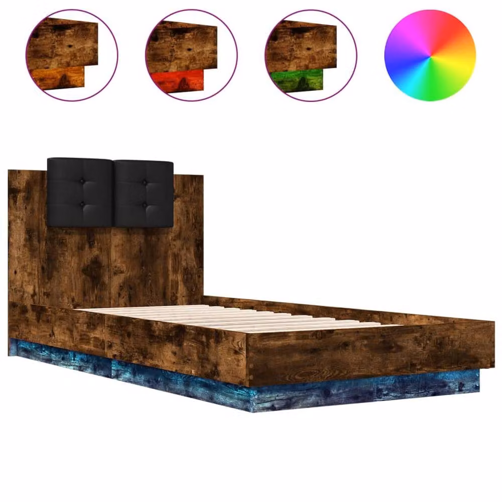Berkfield Home Durable Single Bed Frame with Under-Bed LED Lighting in Smoked Oak Brown, W/D/H: 90 x 190 x 84 cm – 3