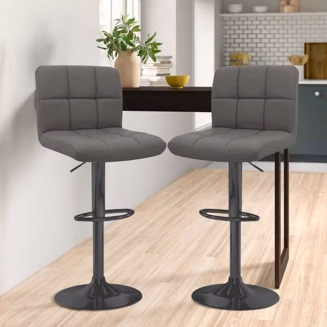 Neo Set of 2 Dark Grey Faux Leather Cuban Swivel Bar Stools with Matt Black Legs