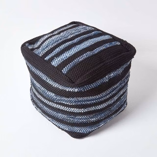 Homescapes Texas Blue Denim and Leather Striped Woven Bean Filled Pouffe, Diameter: 40 cm