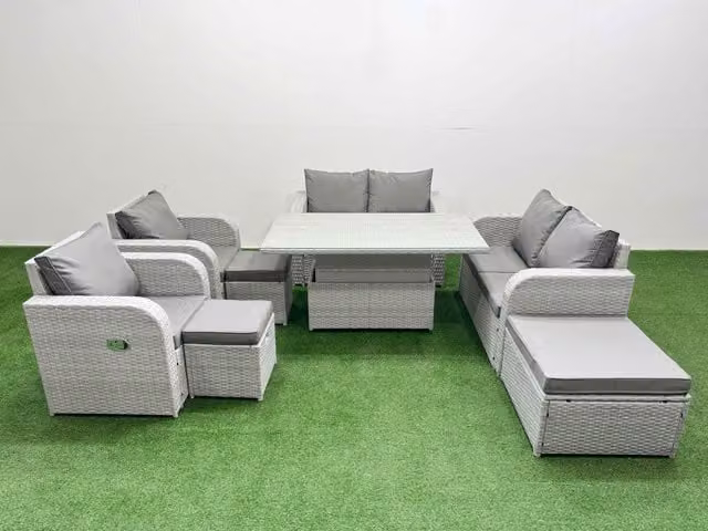 Fimous 9 Seater Rattan Garden Furniture Set in Light Grey with Reclining Chairs, U-Shape Sofa, 3 Stools and Adjustable Coffee Table