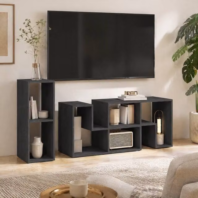STILVORA Extendable Modern Black TV Stand with 6 Media Compartments – 1