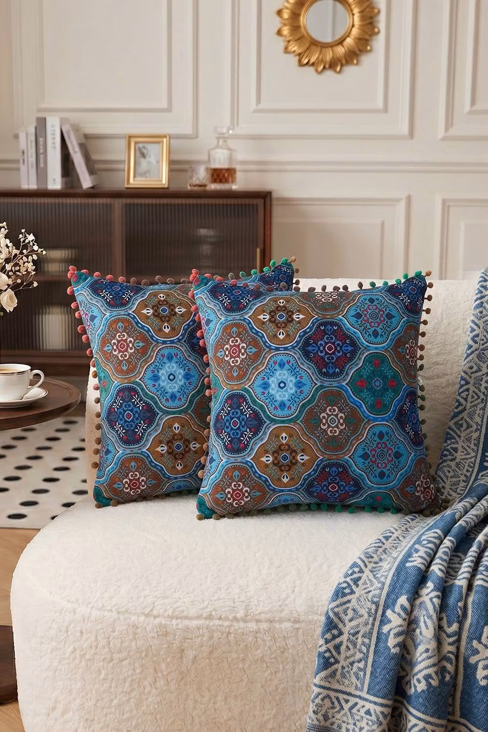 Living and Home Pack of 2 Multicolour Ethnic Graphic Linen Throw Pillows with Inserts, W/D/H: 45 x 45 x 45 cm – 2
