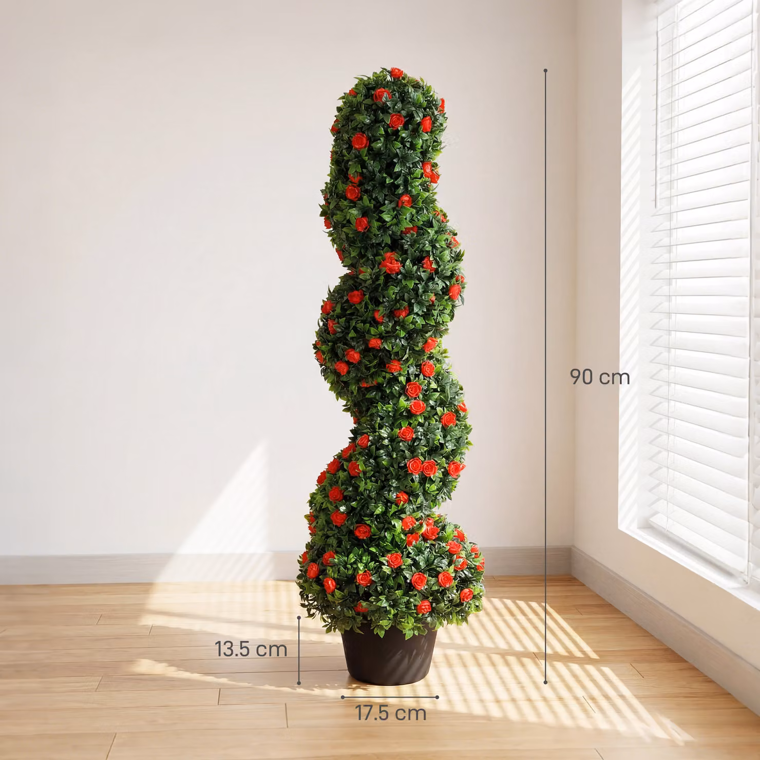 HOMCOM Set of 2 Red Artificial Rose Spiral Topiary Trees, Height: 90 cm – 3