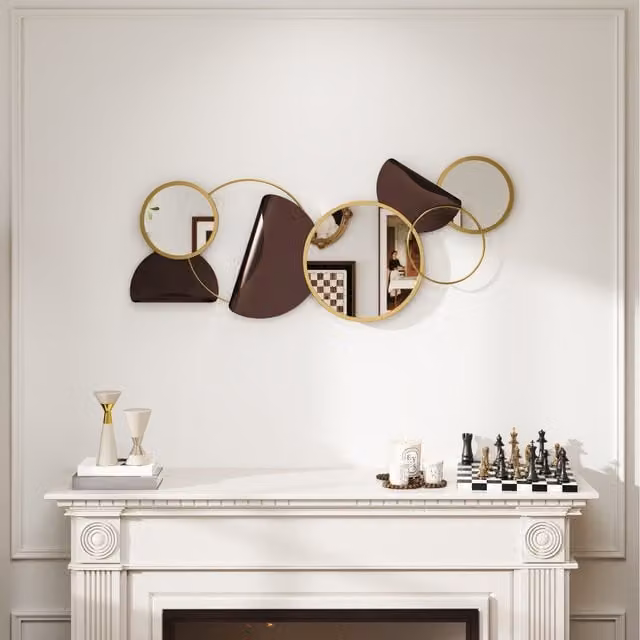 HOMCOM Modern Geometric Round Metal Wall Art Mirror Decor in Gold