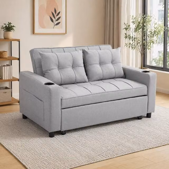 STILVORA Two-Seater Pull-Out Sofa Bed in Grey with Adjustable Headrest and Cup Holders – 1