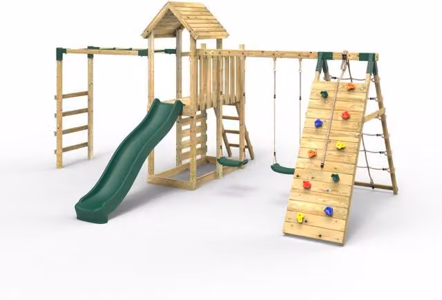 Rebo Green Wooden Climbing Frame with Double Swing and Slide