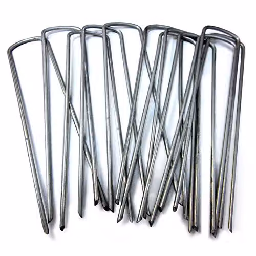 Actiasmat Galvanised Steel U Pins with Bevelled Ends in Silver, 50-Pack, for Artificial Grass and Lawn Weed Control