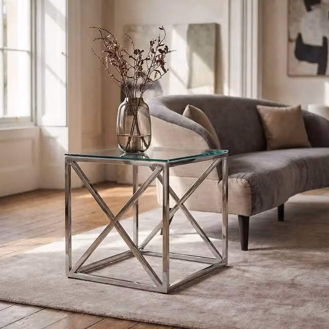 Interiors by Premier Orsina Modern Square Glass End Table with Silver X-Frame Base – 2