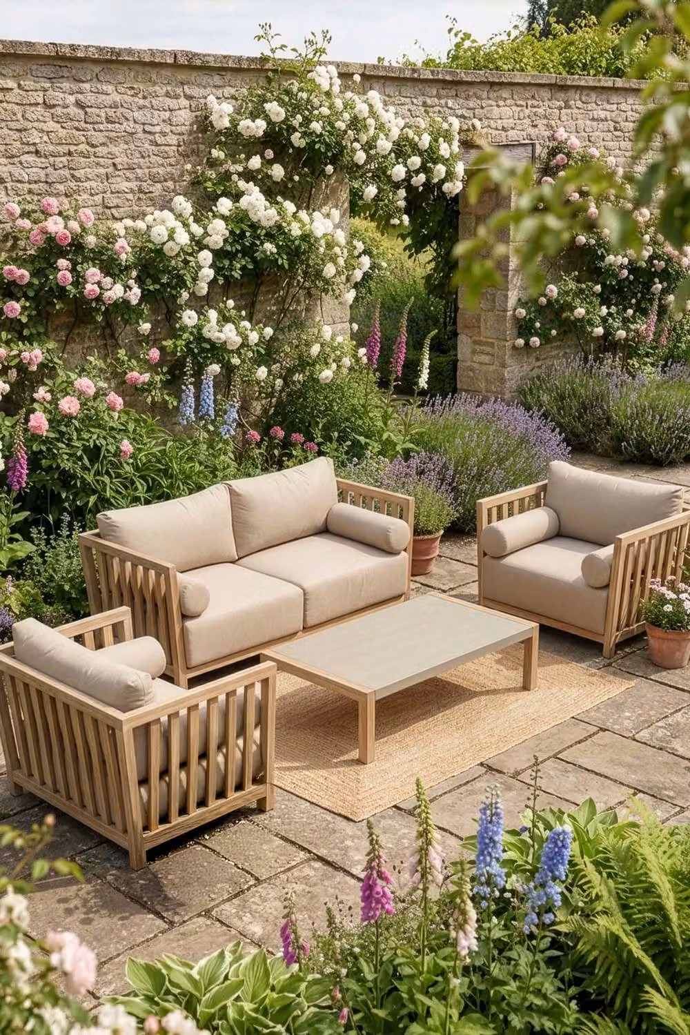 Dibor 4-Piece Acacia Wood Garden Patio Furniture Set with Cushions and Coffee Table in Brown and Beige – 3