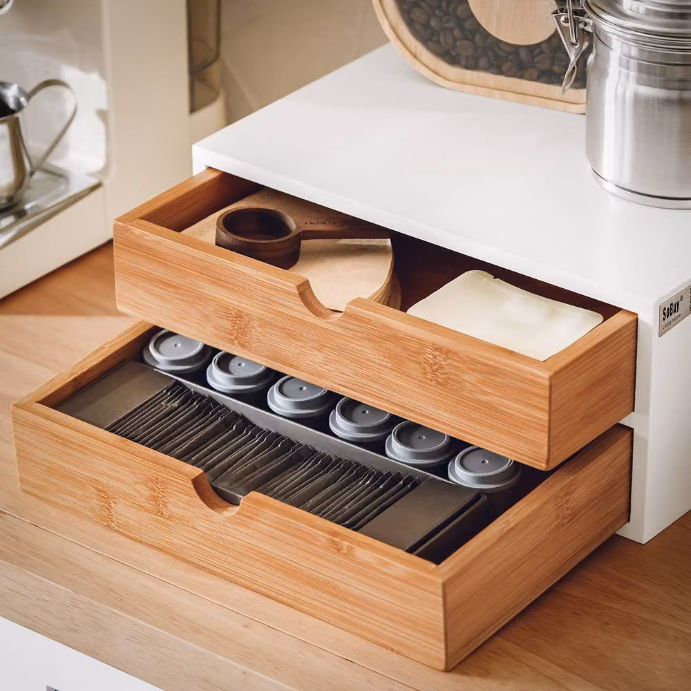 SoBuy Coffee Capsule Holder with Bamboo Drawers in White – 4