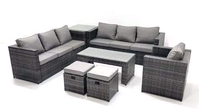 Fimous 9-Seater Grey Rattan Garden Set with U-Shape Sofa, Coffee Table and Ottoman