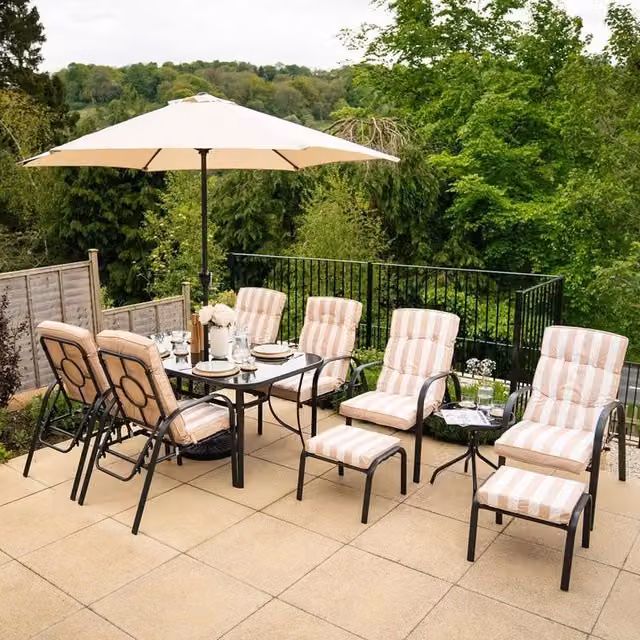 Hectare Beige Garden Dining Set with Rectangular Glass Table and Reclining Chairs