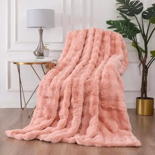 Rapport Home Pink and Grey Striped Faux Fur Polyester Throw Blanket, W: 150 cm, L: 200 cm