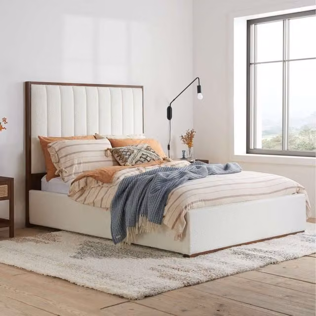 Birlea Pendry White Boucle Upholstered Double Bed Frame with Walnut Details, W/D/H: 180 x 200 cm