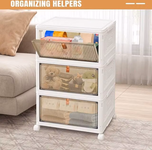 FORGEVIO 3-Tier Stackable Folding Storage Box Cabinet in White, W/D/H: 39 x 28 x 59 cm
