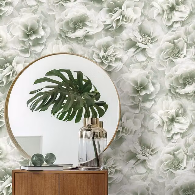 Debona Soft Floral Bloom Botanical Print in Green, Pink, Grey and Beige
