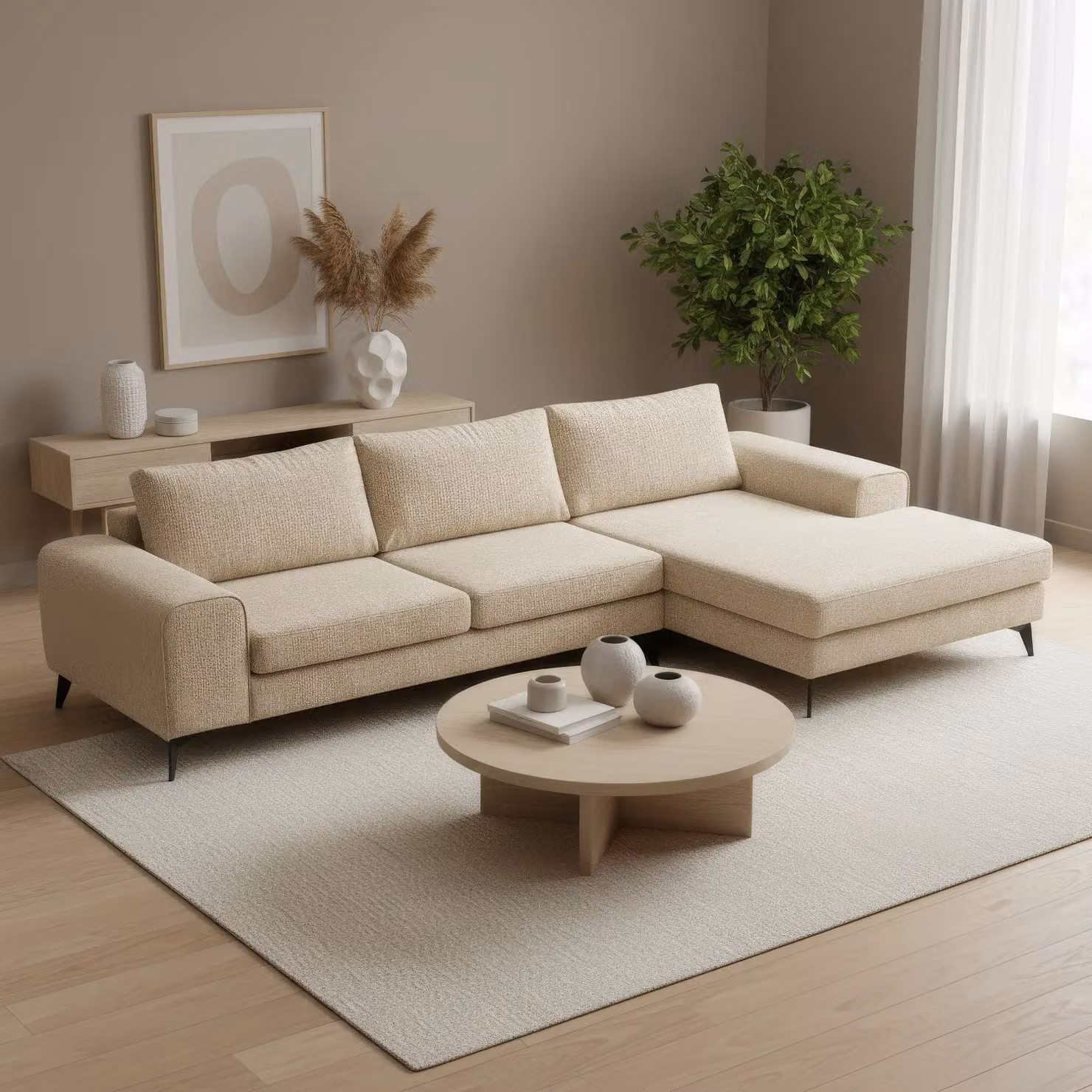 Abakus Direct Venice Right-Facing L-Shape Corner Sofa in Cream Fabric with Deep Seats and Extra-Wide Padded Arms – 3