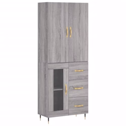 vidaXL Modern Grey Sonoma Highboard with Glass Doors, W/D/H: 69.5 x 34 x 180 cm