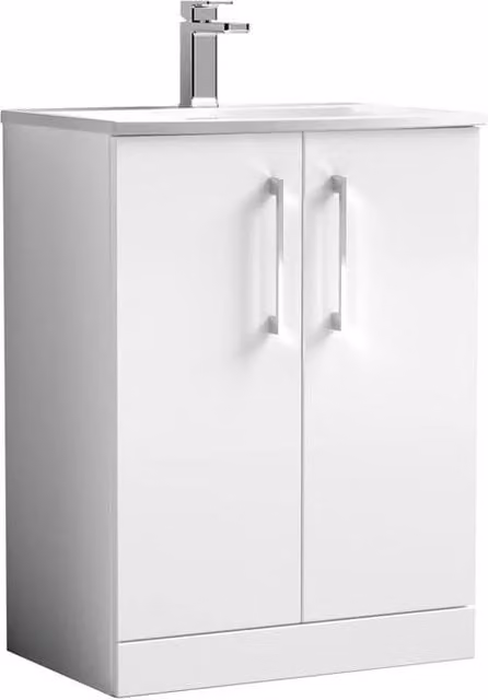 Balterley White Glossy Floor Standing Bathroom Vanity Unit with Rectangular Basin and Soft Close 2 Doors, W: 61.0 cm – 1