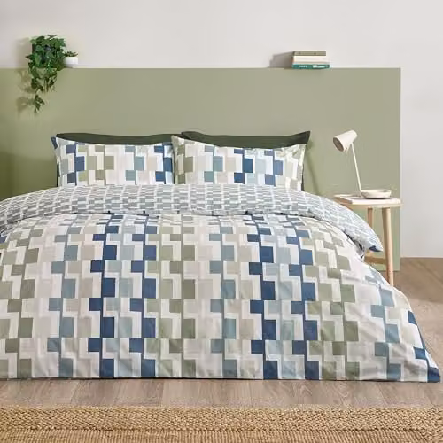 Catherine Lansfield Bryson Geo Reversible Super King Duvet Cover Set with Pillowcases, Blue