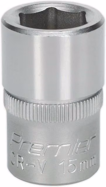 Loops 15mm Steel Drive Socket 1/2 inch Square Drive in Silver Chrome Vanadium