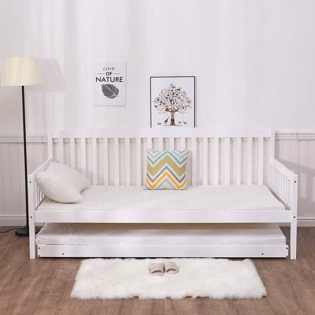 Kosy Koala White Solid Wood Single Daybed with Trundle and 2 Mattresses, W/D/H: 90 x 190 cm