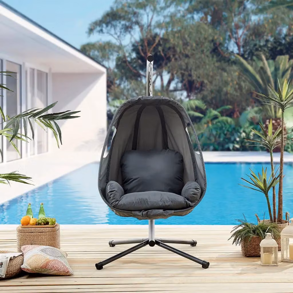 LIVIVO Grey Hanging Swing Chair with Foldable Rattan and Metal Design – 3